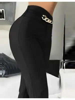 Kadın Yüksek Bel önden Zincir Detaylı Ithal Krep Pantolon