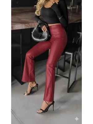 Kadın Yüksek Bel Paçaya Doğru Geniş Deri Pantolon