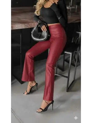 Kadın Yüksek Bel Paçaya Doğru Geniş Deri Pantolon