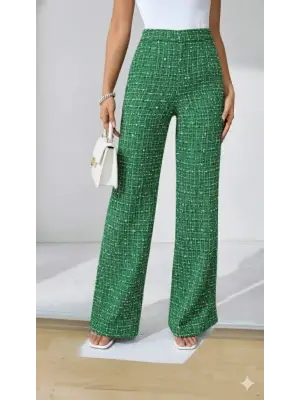 Kadın Yüksek Bel Paçaya Doğru Geniş Dokuma Pantolon