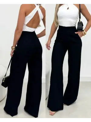 Kadın Yüksek Bel Paçaya Doğru Genişleyen Ithal Krep Pantolon