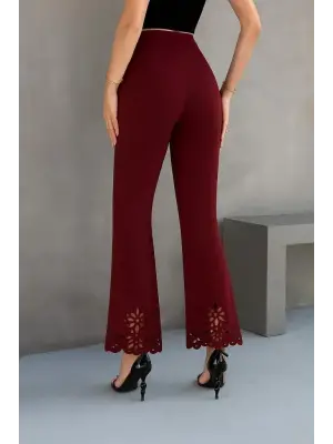 Kadın Yüksek Bel Paçaya Doğru Genişleyen Lazer çiçek Kesim Detaylı Ithal Krep Pantolon