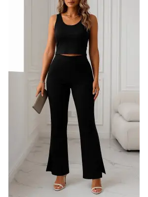 Kadın Yüksek Bel Paçaya Doğru Genişleyen Yandan Yırtmaçlı Dalgıç Pantolon