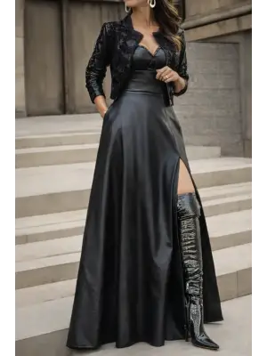 Kadın Yüksek Bel Uzun Yırtmaçlı Deri Etek