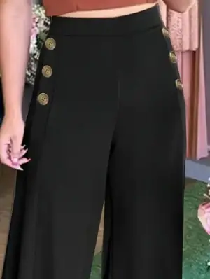 Kadın Yüksek Bel Yan Düğme Detaylı Geniş Paçalı Ithal Krep Pantolon