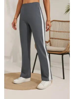 Kadın Yüksek Bel Yan şerit Detaylı Yırtmaçlı Viskon Iki Iplik Pantolon