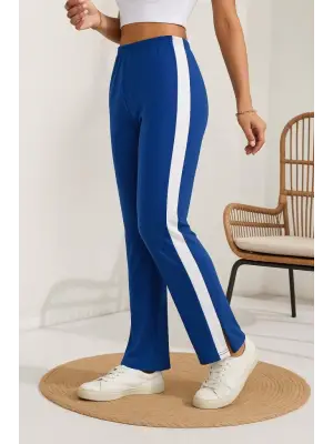 Kadın Yüksek Bel Yan şerit Detaylı Yırtmaçlı Viskon Iki Iplik Pantolon