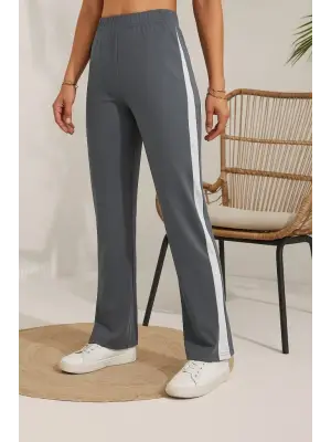 Kadın Yüksek Bel Yan şerit Detaylı Yırtmaçlı Viskon Iki Iplik Pantolon