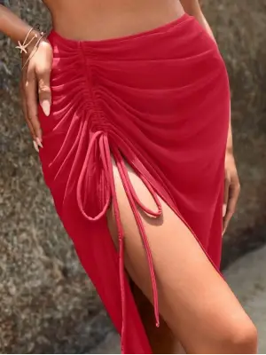 Kadın Yüksek Bel Yandan Büzgülü Uzun Tül Detaylı Pareo