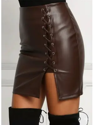 Çarpıcı Yüksek Bel Yandan Çapraz Bağcıklı Deri Mini Etek