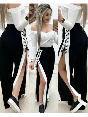 Kadın Yüksek Bel Yandan çapraz Bağcıklı Yırtmaçlı Viskon Iki Iplik Pantolon