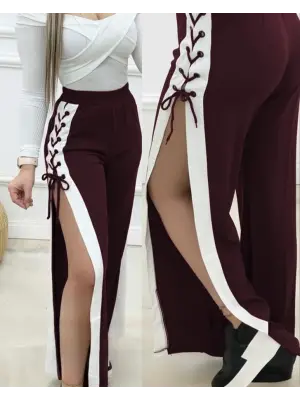 Kadın Yüksek Bel Yandan Çapraz Bağcıklı Yırtmaçlı Viskon Pantolon