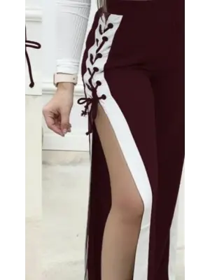 Kadın Yüksek Bel Yandan çapraz Bağcıklı Yırtmaçlı Viskon Iki Iplik Pantolon