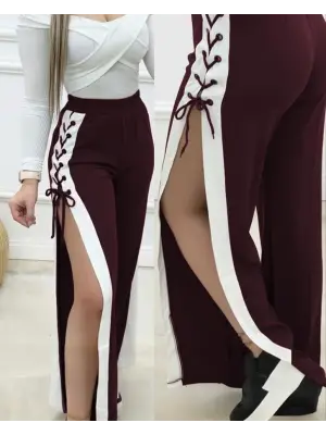 Kadın Yüksek Bel Yandan çapraz Bağcıklı Yırtmaçlı Viskon Iki Iplik Pantolon