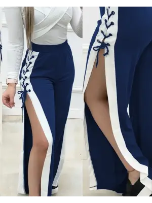 Kadın Yüksek Bel Yandan çapraz Bağcıklı Yırtmaçlı Viskon Iki Iplik Pantolon