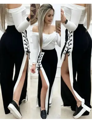 Kadın Yüksek Bel Yandan çapraz Bağcıklı Yırtmaçlı Viskon Iki Iplik Pantolon