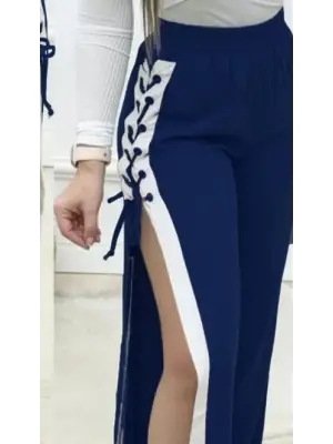 Kadın Yüksek Bel Yandan çapraz Bağcıklı Yırtmaçlı Viskon Iki Iplik Pantolon