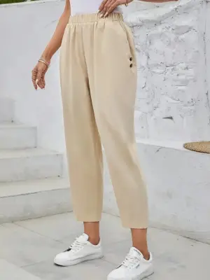 Kadın Yüksek Bel Yandan Cepli Düğme Detaylı Geniş Kesim Ithal Krep Pantolon