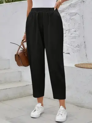 Kadın Yüksek Bel Yandan Cepli Düğme Detaylı Geniş Kesim Ithal Krep Pantolon