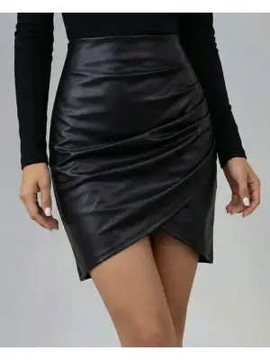 Modern Yüksek Bel Pileli Mini Deri Etek