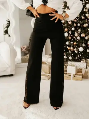 Kadın Yüksek Bel Yanlardan Dantelli Paçaya Doğru Geniş Kesim Detaylı Ithal Krep Pantolon