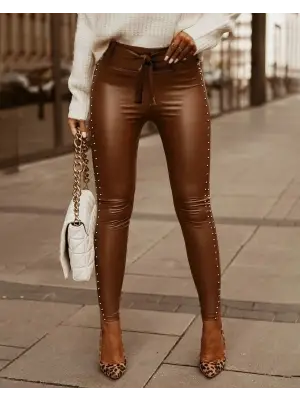 Kadın Yüksek Bel Yanlardan Incili Yırtmaçlı Uzun Deri Tayt