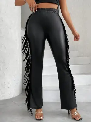 Kadın Yüksek Bel Yanlardan Püsküllü Deri Pantolon