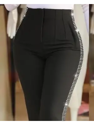 Kadın Yüksek Bel Yanlardan Taş Detaylı Ithal Krep Pantolon