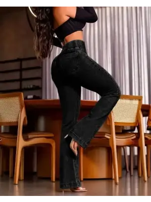 Kadın Yüksek Bel Yanları Lastik önü Düğmeli Kot Pantolon