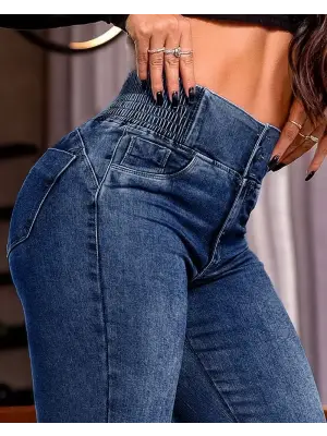 Kadın Yüksek Bel Yanları Lastik önü Düğmeli Kot Pantolon