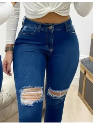 Kadın Yüksek Bel Yırtık Detaylı Skinny Kot Pantolon