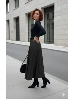 Kadın Yüksek Belli Maxi Deri Kemersiz Etek