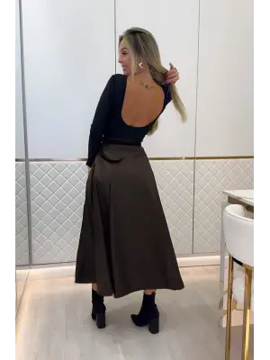 Kadın Yüksek Belli Maxi Deri Kemersiz Etek