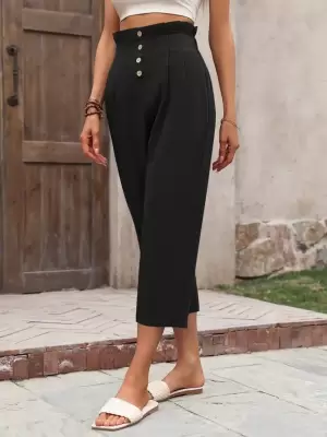 Kadın Yüksek Belli önden Düğmeli Ithal Keten Pantolon