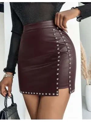 Çarpıcı Yüksek Belli Yandan Çivili Mini Etek