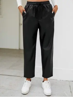 Kadın Yüksel Bel Bağcıklı Deri Pantolon