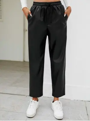 Kadın Yüksel Bel Bağcıklı Deri Pantolon