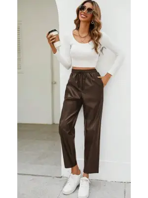 Kadın Yüksel Bel Bağcıklı Deri Pantolon