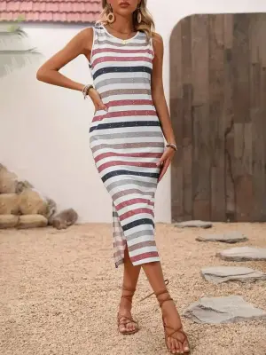 Kadın Kolsuz Midi Yırtmaçlı Elbise - Rahat Tasarım