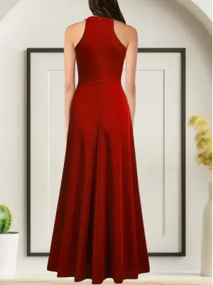 Kadınhalter Yaka Derin Yırtmaç Detaylı Tam Boy Ithal Krep Abiye Elbise