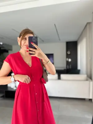 Kadınn V Yaka Düğme Detay Kuşak Dahil Elbise