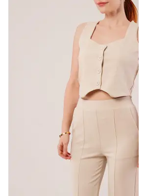 Modern Bej Düğmeli Yelek ve Pantolon Takımı