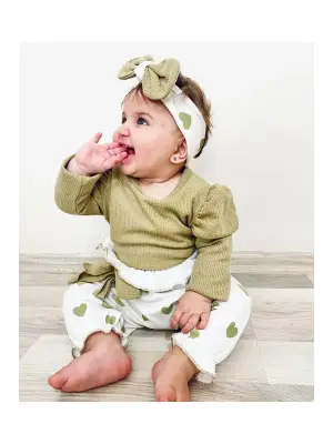 Kalp Baskılı Bandanalı 3lü Lüx Waffle Kız Bebek Takım