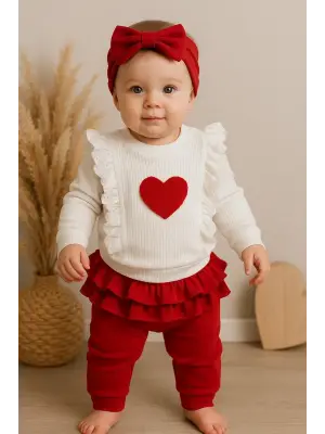 Kalp Baskılı Fırfır Detaylı 3 Parça Kız Bebek Takımı %100 Pamuk