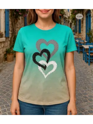 Omarı Kalp Baskılı Kadın Kısa Kollu Bisiklet Yaka Bluz