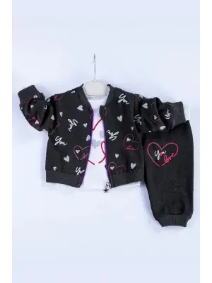 Kalp Desenli Hırkalı Pamuklu 3lü Kız Bebek Takımı
