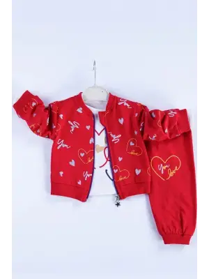 Kalp Desenli Hırkalı Pamuklu 3lü Kız Bebek Takımı