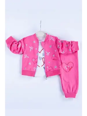 Kalp Desenli Hırkalı Pamuklu 3lü Kız Bebek Takımı