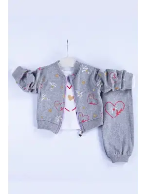Kalp Desenli Hırkalı Pamuklu 3lü Kız Bebek Takımı