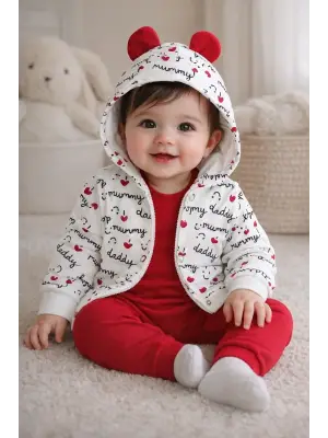 Kalp Desenli Kulaklı 3 Lü Kız Bebek Takımı